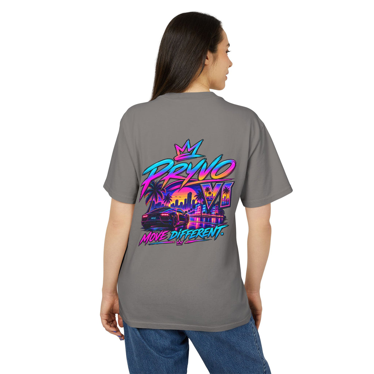 Retro Miami Streetwear Tee — "PRYVO Move Different" Graphic T-Shirt
