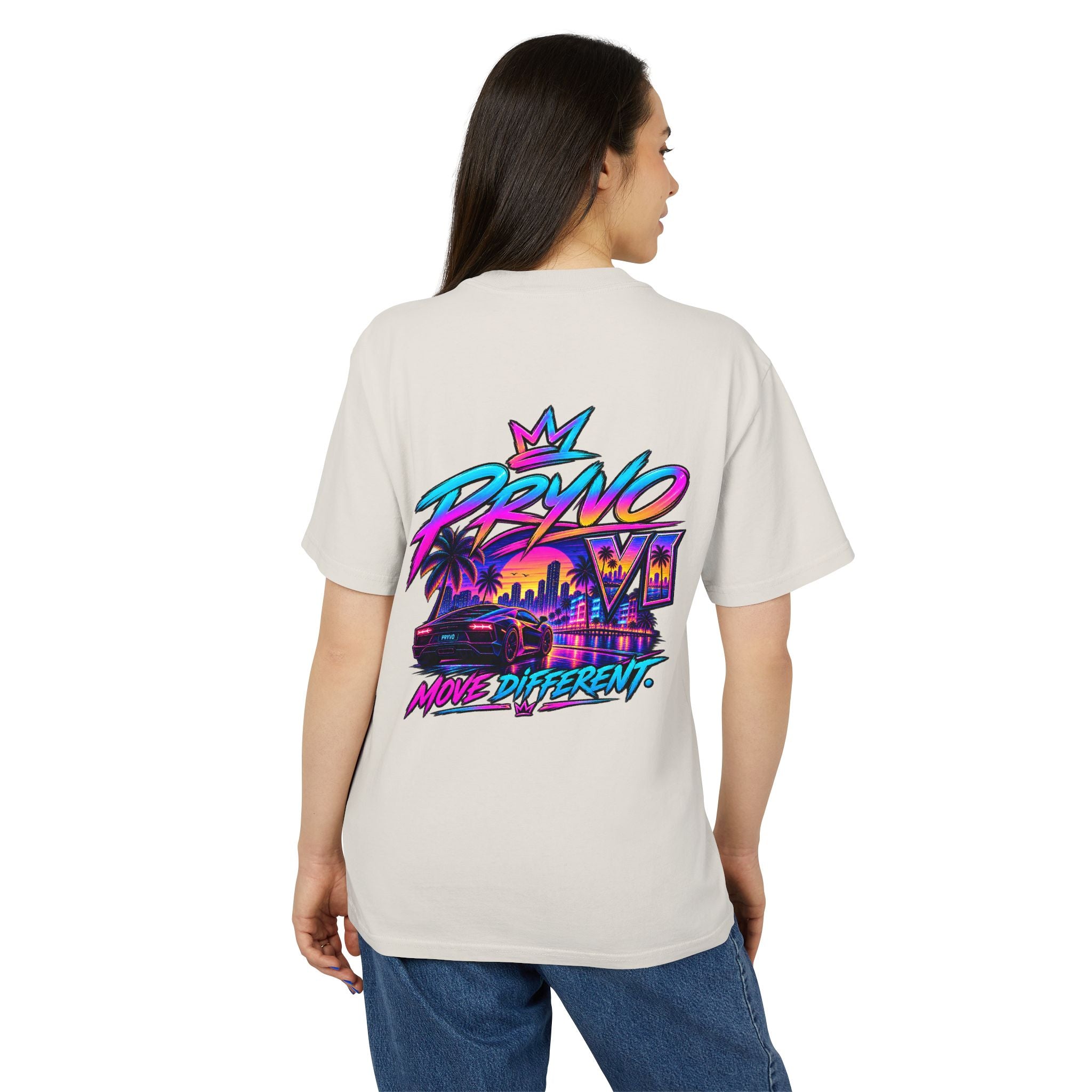 Retro Miami Streetwear Tee — "PRYVO Move Different" Graphic T-Shirt