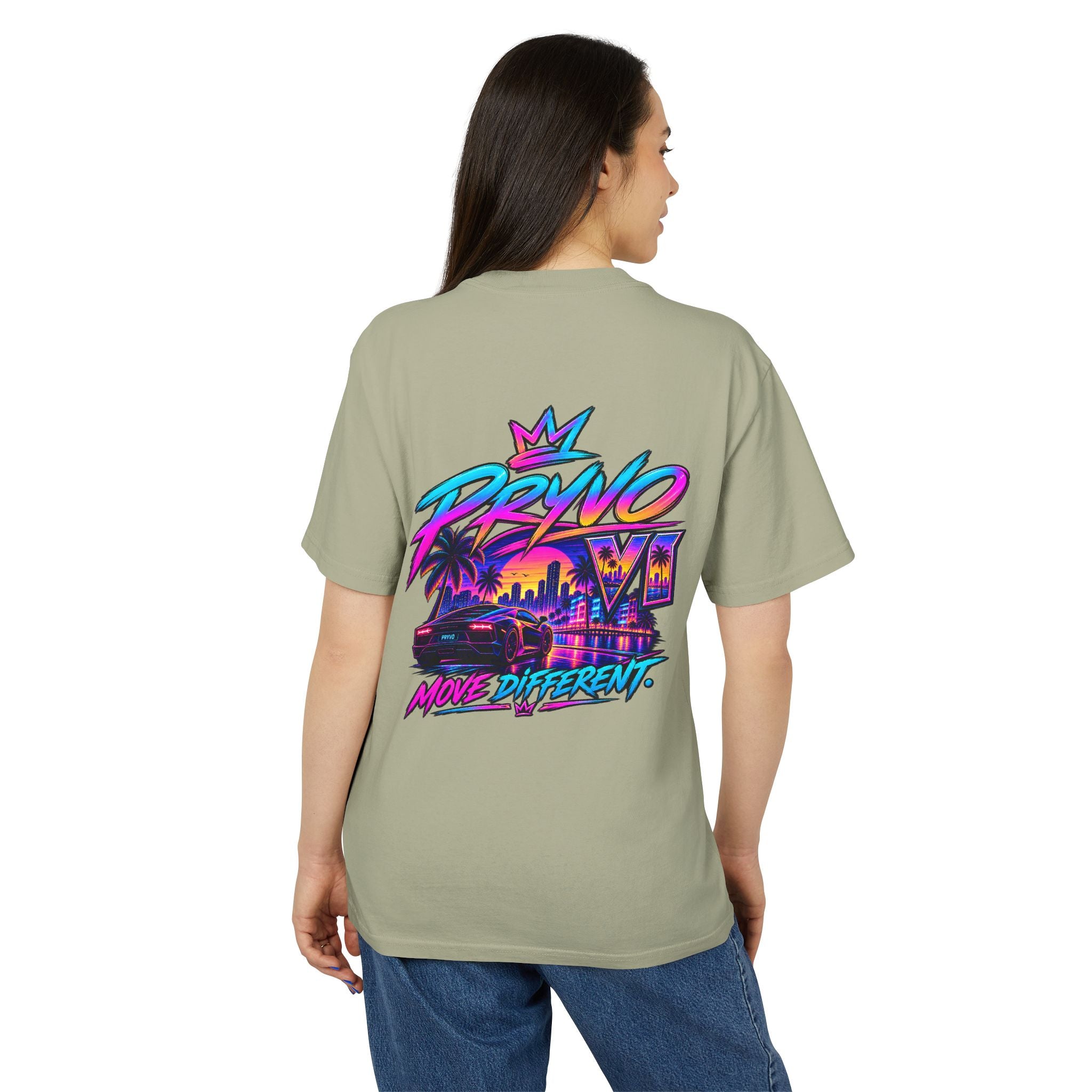 Retro Miami Streetwear Tee — "PRYVO Move Different" Graphic T-Shirt