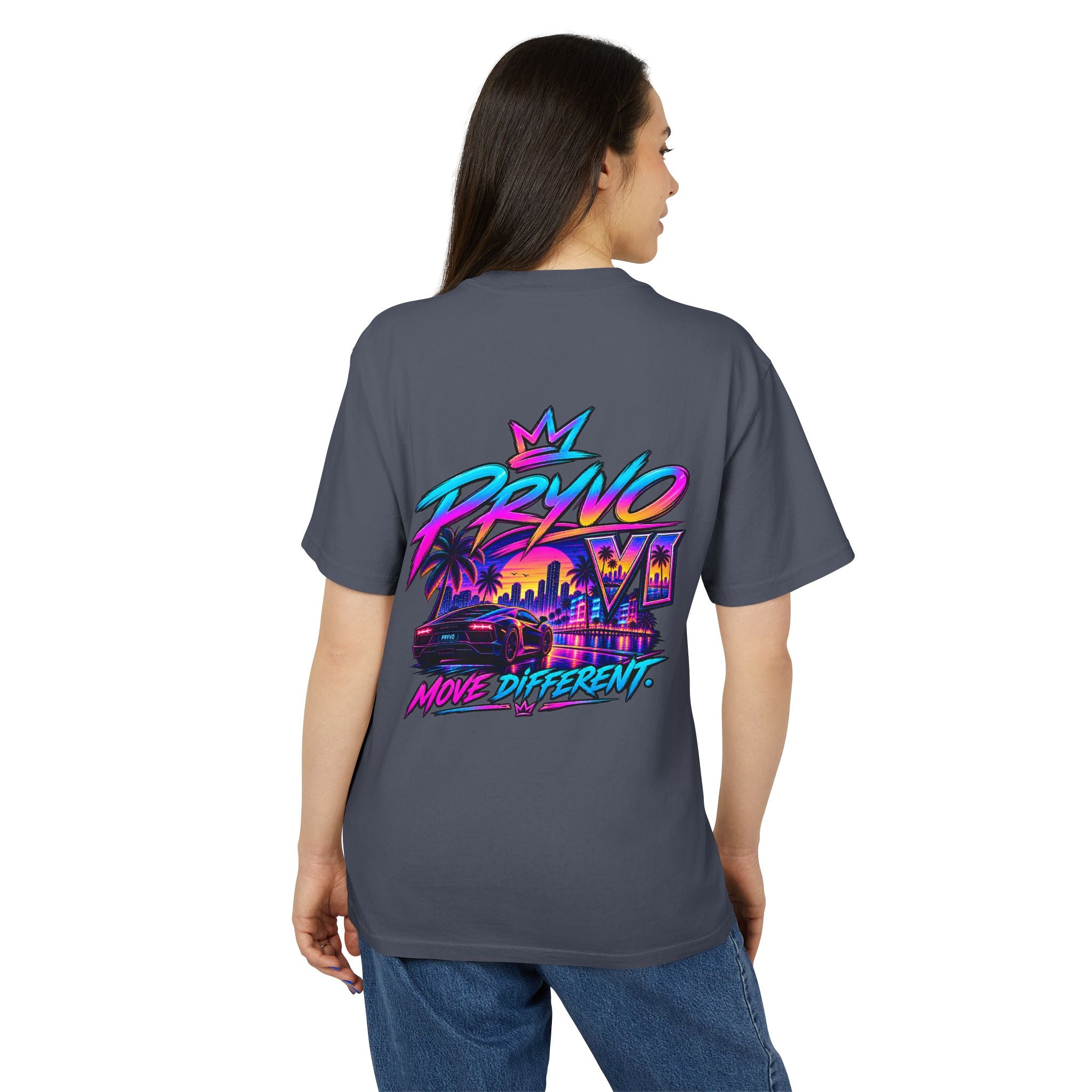Retro Miami Streetwear Tee — "PRYVO Move Different" Graphic T-Shirt