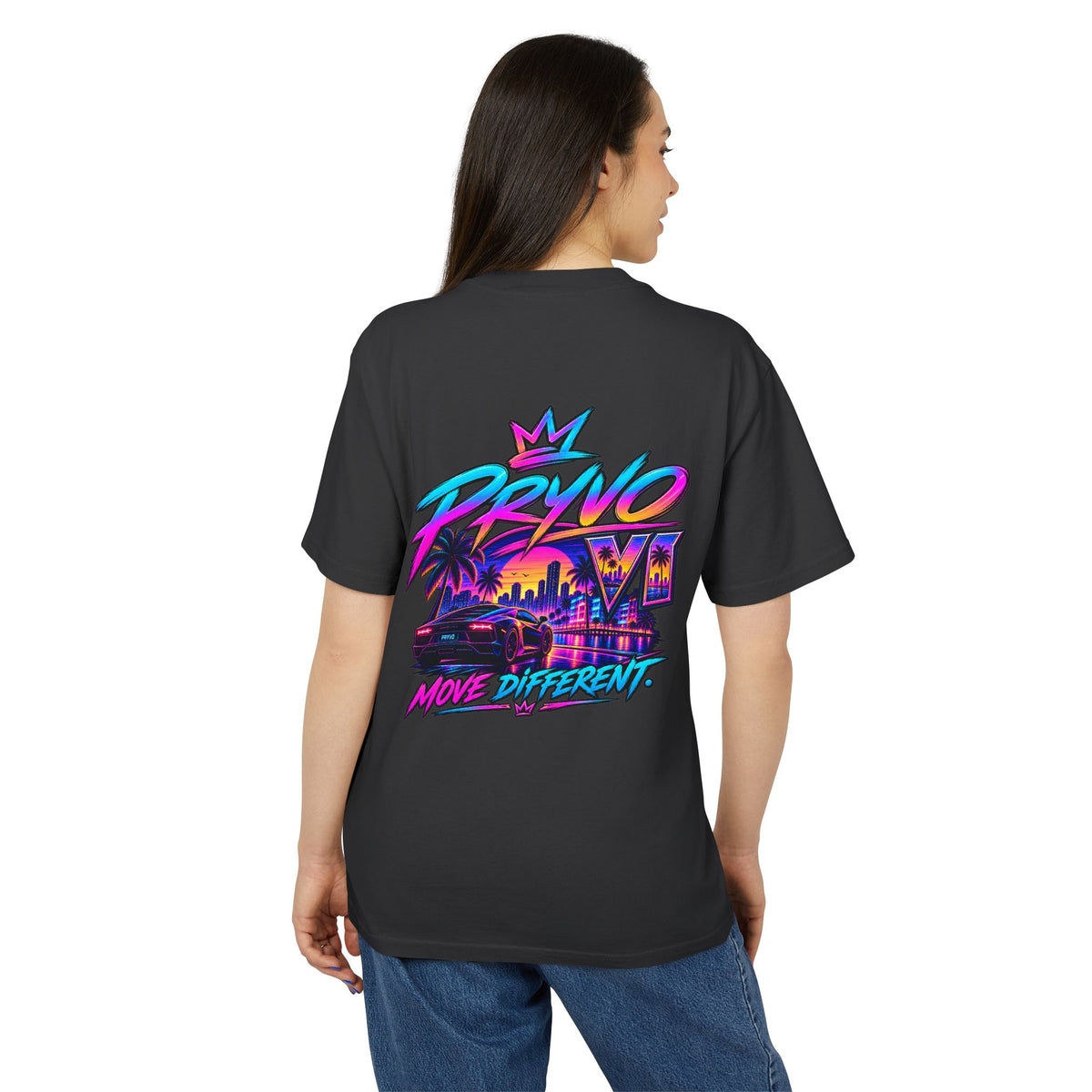 Retro Miami Streetwear Tee — "PRYVO Move Different" Graphic T-Shirt